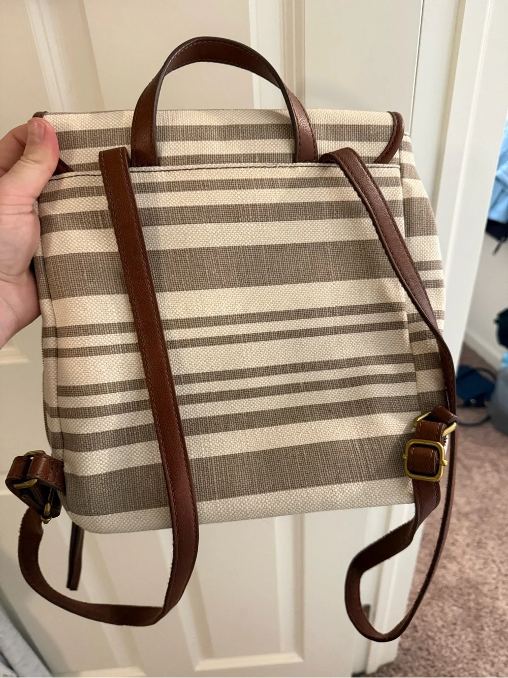 Fossil Cream & Brown Striped Canvas Backpack